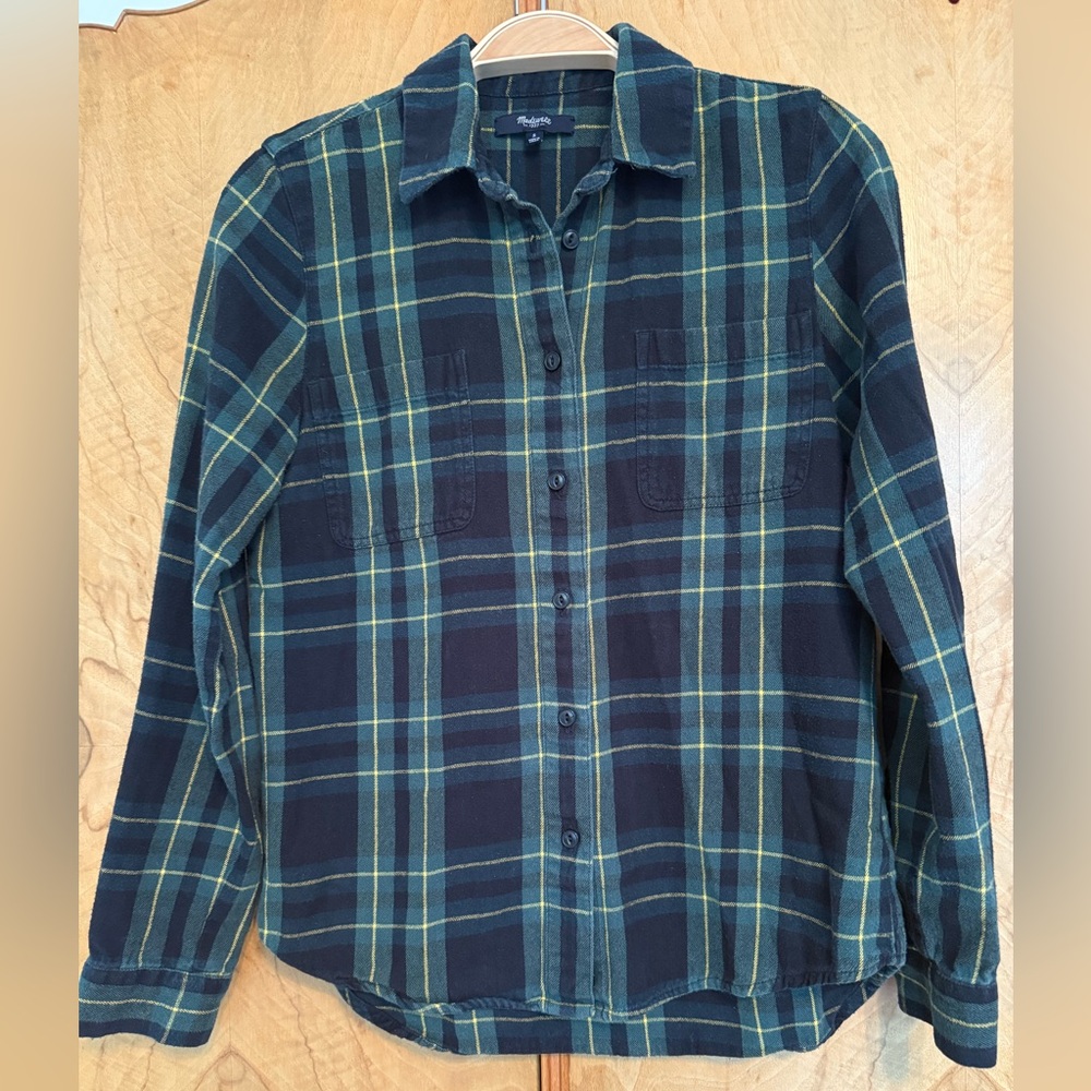Madewell Flannel Green Blue Plaid Button Down Shirt 100% Cotton